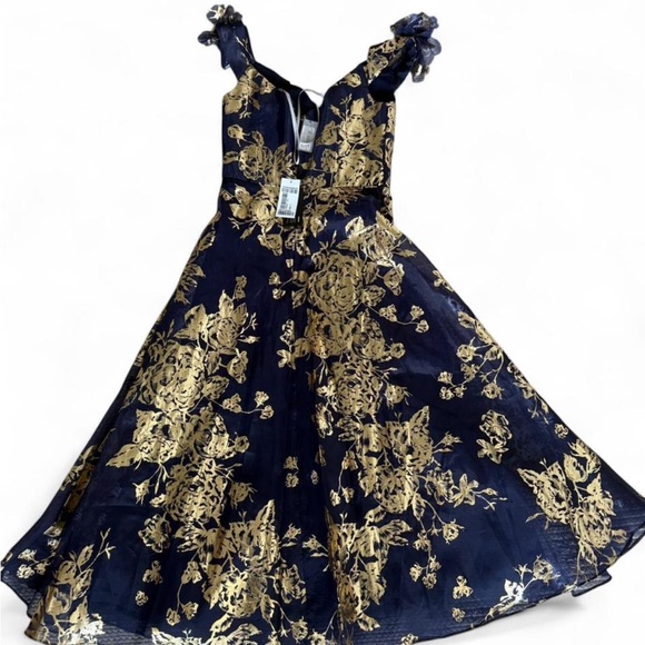 Marchesa Notte Navy and Gold Floral Dress - Picture 5 of 6
